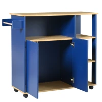 Chariot de Rangement Cuisine Minimaliste Moderne avec Étagères Ouvertes et Roues Pivotantes à 360°, avec Plateau en Bois Veiné, Bleu Marine(m-2)