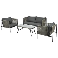 Salon de Jardin Moderne en Rotin PE et Acier Galvanisé, Canapé 2 Places, 2 Fauteuils et une Table avec Plateau en Verre, Coussins Inclus, Gris(m-2)