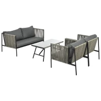 Salon de Jardin Moderne en Rotin PE et Acier Galvanisé, Canapé 2 Places, 2 Fauteuils et une Table avec Plateau en Verre, Coussins Inclus, Gris(m-12)