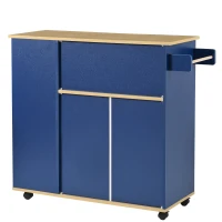 Chariot de Rangement Cuisine Minimaliste Moderne avec Étagères Ouvertes et Roues Pivotantes à 360°, avec Plateau en Bois Veiné, Bleu Marine(m-8)