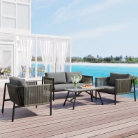 Set Salotto da Giardino Moderno in PE-Rattan e Acciaio Zincato, Include Divano a 2 Posti, 2 Poltrone e Tavolo con Piano in Vetro, Grigio(m-1)