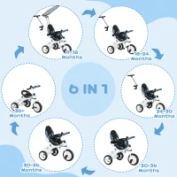 HOMCOM 6 in 1 Tricycle for Kids with 5-point harness straps, Removable Canopy, Blue(m-4)
