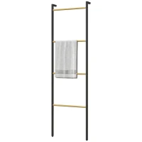 HOMCOM Toalheiro de 4 Níveis Toalheiro Casa de Banho com 4 Barras de Bambu e Estrutura de Aço 49x5,5x167,5 cm Preto e Madeira(m-11)