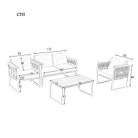 Salon de Jardin Moderne en Fer Zingué et Corde avec Coussins, Composé d'un Canapé Double, Deux Fauteuils et une Table WPC, Pieds Réglables, Blanc+gris(m-3)