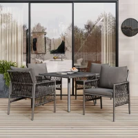 Ensemble Repas Jardin en PE-Rattan et Fer Zingué, 5 Pièces : 4 Chaises avec Coussins Inclus et 1 Table , Table avec Plateau en WPC, Gris(m-1)