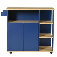 Chariot de Rangement Cuisine Minimaliste Moderne avec Étagères Ouvertes et Roues Pivotantes à 360°, avec Plateau en Bois Veiné, Bleu Marine(m-7)