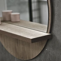 kleankin 45cm Round Home Mirror, with Shelf - Grey Wood-Effect(m-9)