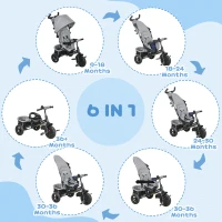HOMCOM 6 in 1 Kids Trike Push Bike w/ Push Handle, Canopy, 5-point Safety Belt, Storage, Footrest, Brake, for 1-5 Years, Grey(m-4)