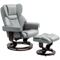 HOMCOM Faux Leather Recliner Chair and Footstool, Swivel Upholstered Armchair and Footstool with Adjustable Backrest, Solid Wood Base for Living Room, Light Grey(m-11)