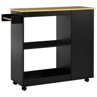 Chariot de Rangement Cuisine Multifonctionnel avec Étagères Ouvertes, Porte-Serviettes en Bois et 4 Roues Silencieuses, avec Frein, Noir(m-2)