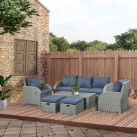 Outsunny Six-piece Outdoor Rattan Dining Set, with Reclining Armchairs - Blue(m-10)