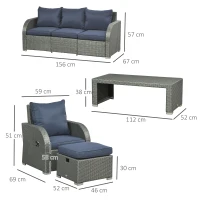 Outsunny Six-piece Outdoor Rattan Dining Set, with Reclining Armchairs - Blue(m-3)