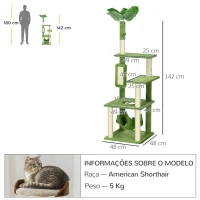 PawHut Arranhador de Gatos Grande de 142 cm com Postes de Sisal Plataformas Rede Folhas e Bola de Brinquedo Ø49x142 cm Verde(m-3)