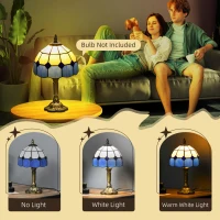 HOMCOM Handmade Stained Glass Table Lamp, Antique Bedside Lamp for Bedroom, Living room, Home, Nightstand, Decorative Night Light, Blue(m-5)