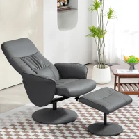 HOMCOM Swivel Recliner Chair with Footstool, PU Leather Armchair and Ottoman with High Back and Round Base for Living Room, Grey(m-10)