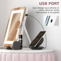 HOMCOM Oglindă de Machiaj LED cu Lumini Reglabile pe 3 Culori, USB și Oglindă de Mărire Rotativă, 31x41,5x3 cm, Alb(m-4)