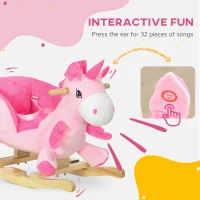 HOMCOM Kids Rocking Horse Ride on Unicorn with Songs, Wooden Base, Seatbelt, for Ages 18-36 Months, Pink(m-4)