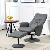 HOMCOM Swivel Recliner Chair with Footstool, PU Leather Armchair and Ottoman with High Back and Round Base for Living Room, Grey(m-2)