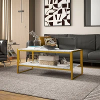 HOMCOM Coffee Table, Two-Tier Marble Centre Table with Metal Frame and Storage Shelf for Living Room, 106 x 50 x 45cm, White(m-10)