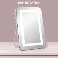 HOMCOM Oglindă de Machiaj LED cu Lumini Reglabile pe 3 Culori, USB și Oglindă de Mărire Rotativă, 31x41,5x3 cm, Alb(m-8)