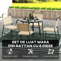 Outsunny Set de Grădină cu Masă din Sticlă cu Efect de Marmură și 4 Scaune din Ratan, Culoare Caqui(m-4)