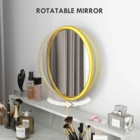 HOMCOM Modern Dressing Table with Round Mirror, Vanity Makeup Desk with Open Storage, Faux Marble Texture and Steel Frame for Bedroom, White(m-7)