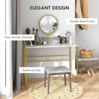 HOMCOM Modern Dressing Table with Round Mirror, Vanity Makeup Desk with Open Storage, Faux Marble Texture and Steel Frame for Bedroom, White(m-4)