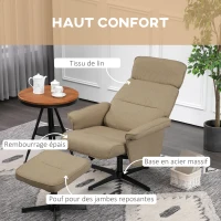 HOMCOM Fauteuil relax inclinable 135° pivotant 360° avec repose-pieds assise rembourée, beige(m-4)