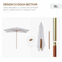 Outsunny Umbrela de Gradina 2x3 m, Umbrela Parasolar Impermeabila din Lemn Lacuit cu Copertina Detasabila, Alb(m-5)