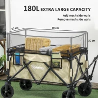 Outsunny Folding Garden Trolley, 180L Wagon Cart with Extendable Side Walls, for Beach, Camping, Festival, Khaki(m-4)