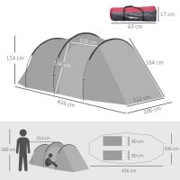 Outsunny Cort pentru Camping 2 Locuri cu Vestibul Mare, Cort Impermeabil Usi cu Fermoar, 426x206x154cm Gri(m-3)
