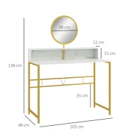 HOMCOM Modern Dressing Table with Round Mirror, Vanity Makeup Desk with Open Storage, Faux Marble Texture and Steel Frame for Bedroom, White(m-3)