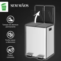 HOMCOM Balde de Lixo de Cozinha com 2 Compartimentos 2x20L Pedal Tampa de Fechamento Suave e Cubo Amovível Prata(m-6)