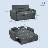 HOMCOM Sofa 2-osobowa Rozkładana do Spania, do 200 kg, Drewniana Rama, 155x90x88,5cm, Ciemnoszary(m-3)