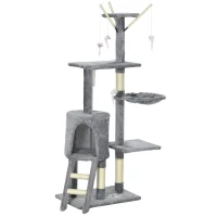 PawHut Arranhador para Gatos de 134,2 cm com Caverna Plataformas Rato de Brinquedo Rede e Postes de Sisal 50x35x134,2 cm Cinza(m-11)