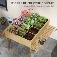 Outsunny Strat de Grădină Înălțat cu 12 Grile, Jardinieră Înălțată din Lemn cu Rafturi Laterale Pliabile, 122x91,5x89 cm, Lemn Natural(m-4)