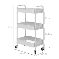 HOMCOM Cărucior pentru Depozitare pe 3 Nivele și Roți cu Frâne, Cărucior Rulant cu 3 Coșuri din Plasă, 45x30,6x79 cm, Alb(m-3)