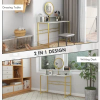 HOMCOM Modern Dressing Table with Round Mirror, Vanity Makeup Desk with Open Storage, Faux Marble Texture and Steel Frame for Bedroom, White(m-6)