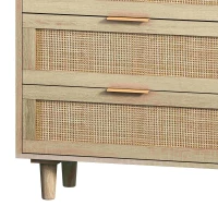 Commode en rotin avec 6 tiroirs pour chambre et salon, meuble de rangement en panneau de particules de haute qualité, 130x40x75 cm, Naturel(m-7)