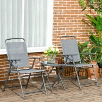Outsunny Set de Exterior din 3 Piese cu Masă cu Blat din Sticlă și 2 Scaune Pliabile din Plasă, Ф45x50 cm, Gri Deschis(m-2)