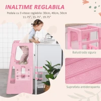 HOMCOM Scara pentru Copii 18-60 Luni cu 3 Niveluri si Inaltime Reglabila, Turnul Montessori din HDPE, 47x47x90 cm, Roz(m-4)
