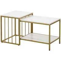 HOMCOM Lot de 2 tables basses gigognes carrés - plateau blanc aspect marbre et pied en métal doré(m-10)