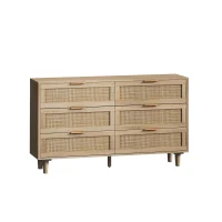 Commode en rotin avec 6 tiroirs pour chambre et salon, meuble de rangement en panneau de particules de haute qualité, 130x40x75 cm, Naturel(m-2)