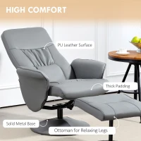 HOMCOM Swivel Recliner Chair with Footstool, PU Leather Armchair and Ottoman with High Back and Round Base for Living Room, Light Grey(m-6)