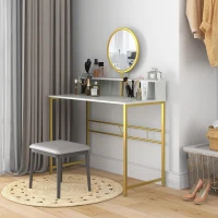 HOMCOM Modern Dressing Table with Round Mirror, Vanity Makeup Desk with Open Storage, Faux Marble Texture and Steel Frame for Bedroom, White(m-10)