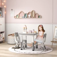 AIYAPLAY Height Adjustable Toddler Table and Chair Set, 3 Pcs Children Activity Table w/ 2 Chairs, for Playroom, Bedroom - Grey(m-2)