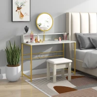 HOMCOM Modern Dressing Table with Round Mirror, Vanity Makeup Desk with Open Storage, Faux Marble Texture and Steel Frame for Bedroom, White(m-2)
