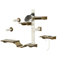 PawHut Kattentrap-Set, Klimwand, 8-delig, Tot 8 kg, Stevig, Bruin/Cremewit(m-10)