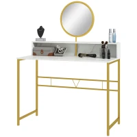 HOMCOM Modern Dressing Table with Round Mirror, Vanity Makeup Desk with Open Storage, Faux Marble Texture and Steel Frame for Bedroom, White(m-11)