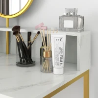 HOMCOM Modern Dressing Table with Round Mirror, Vanity Makeup Desk with Open Storage, Faux Marble Texture and Steel Frame for Bedroom, White(m-8)